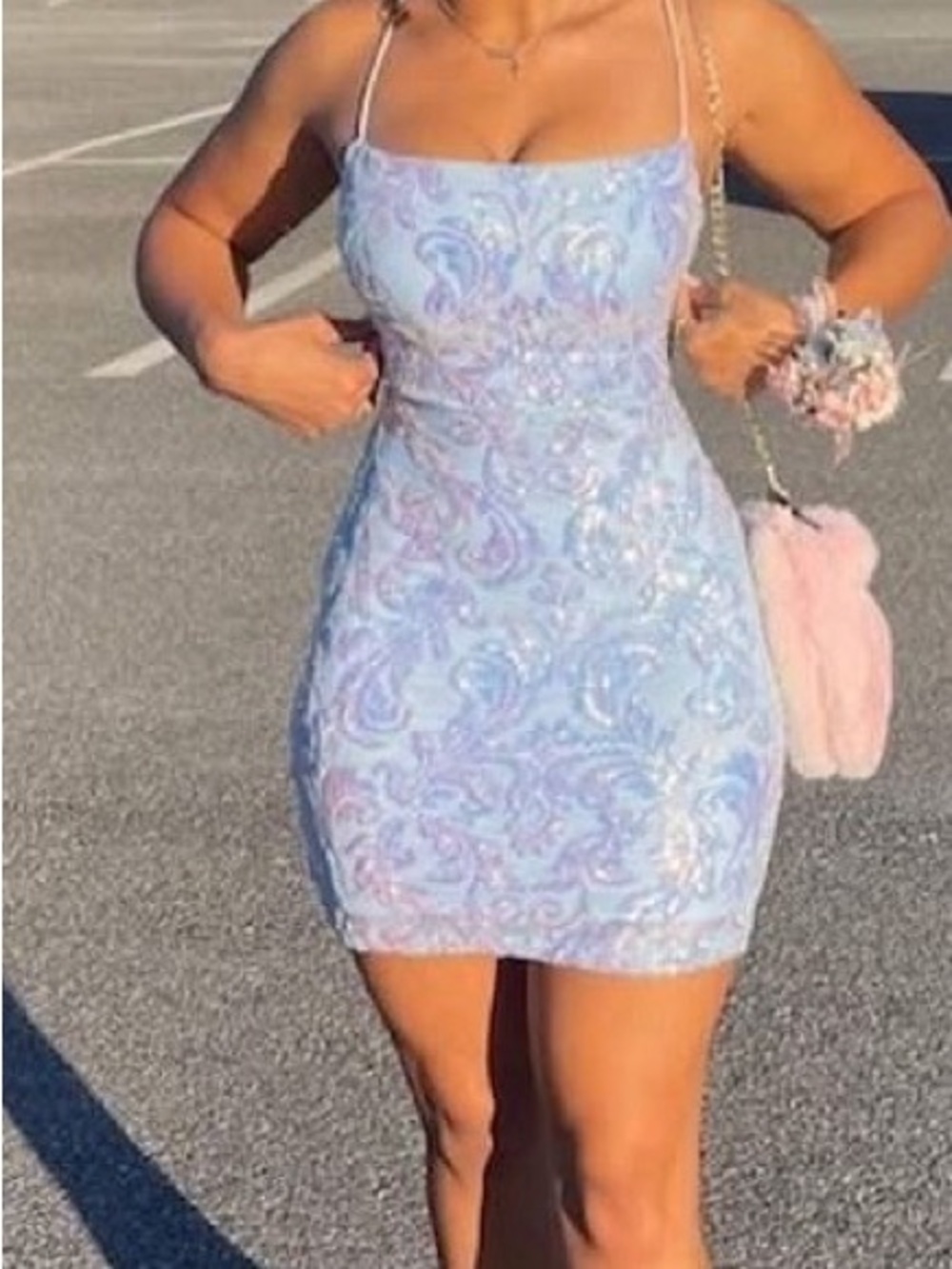 Windsor Light Blue Paisley Sequin Mini Dress